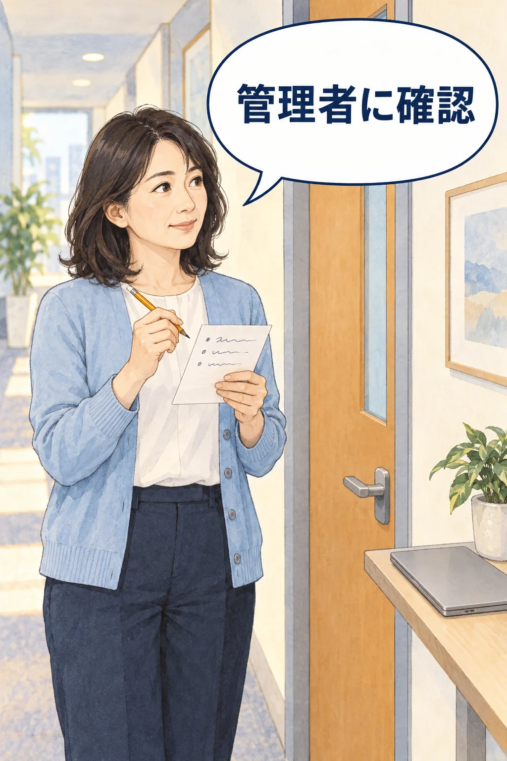 会社のアカウントについて管理者へ確認する相談メモを用意する架空の漫画