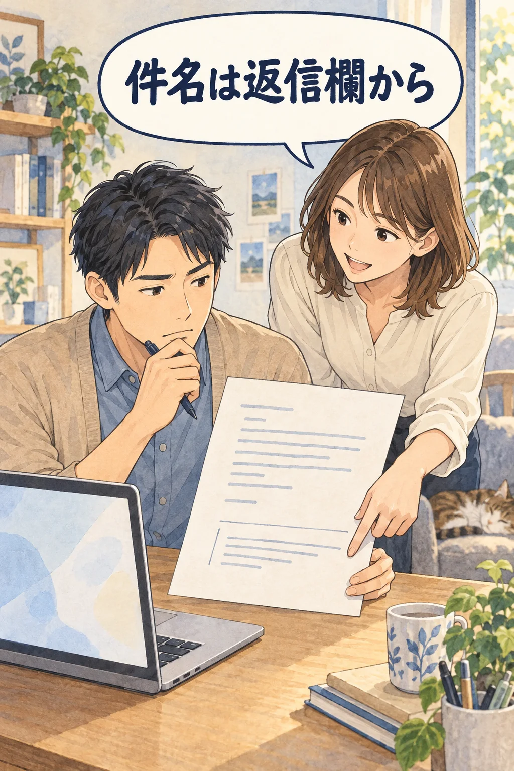 受信メールのタイトルではなく、返信する欄から件名を編集する場所を探す架空例(AI生成)。実際のGmail画面ではありません。