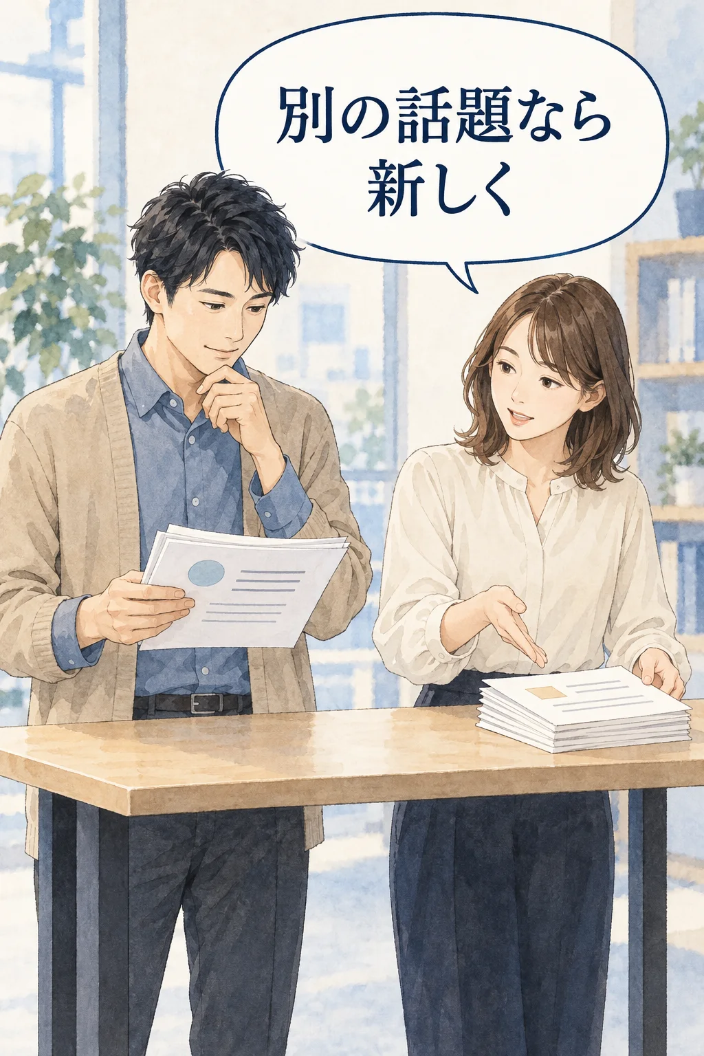 同じ案件の続きと新しい話題を分けて考える架空例(AI生成)。