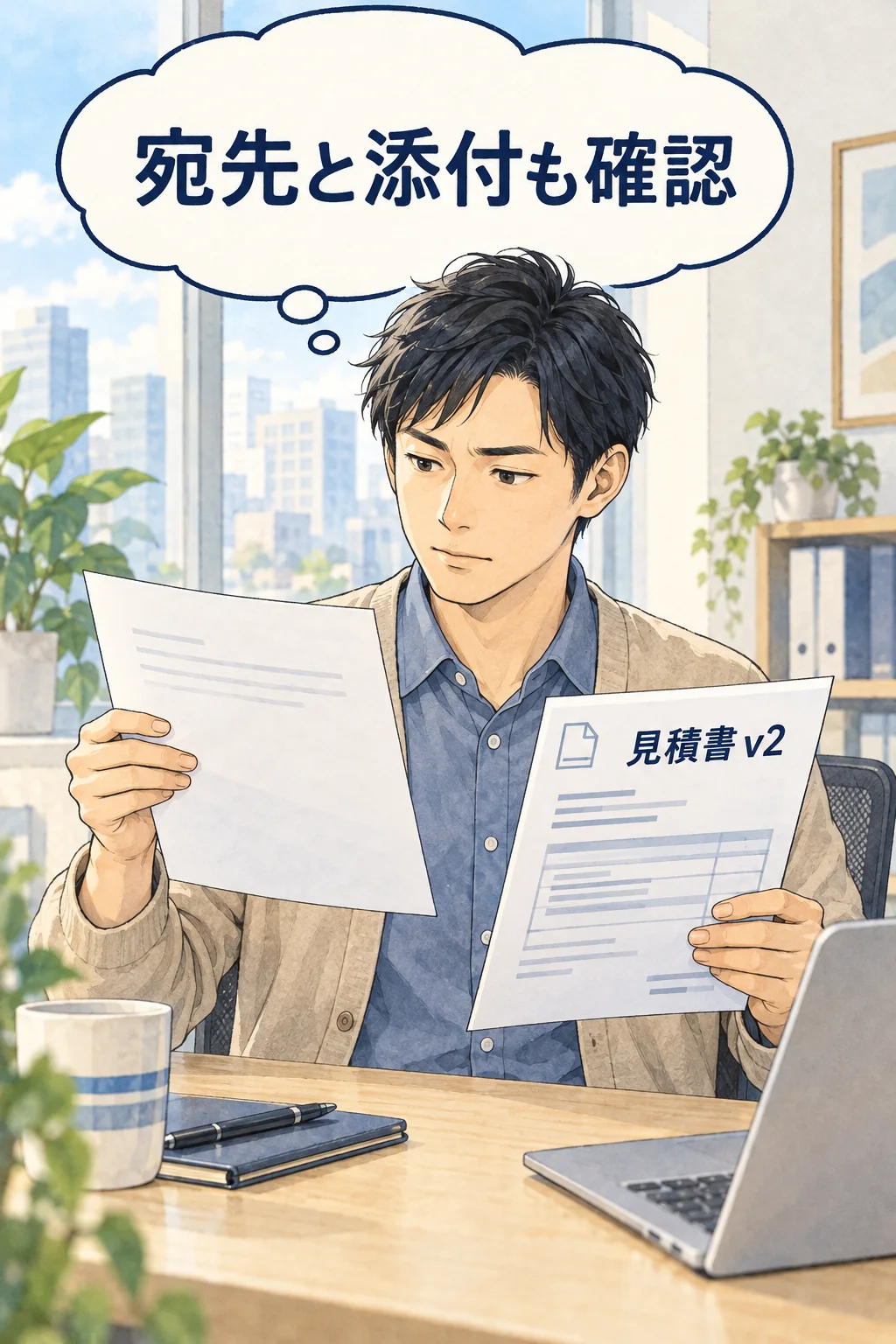 送信前に宛先と見積書v2などの添付資料を照合する架空例(AI生成)。送信完了を示すものではありません。