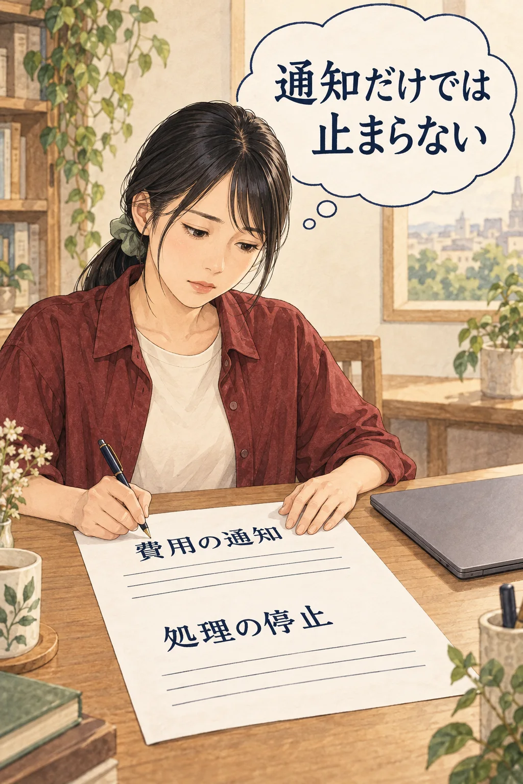 費用の通知を受けることと、処理を止める仕組みを分ける架空の漫画
