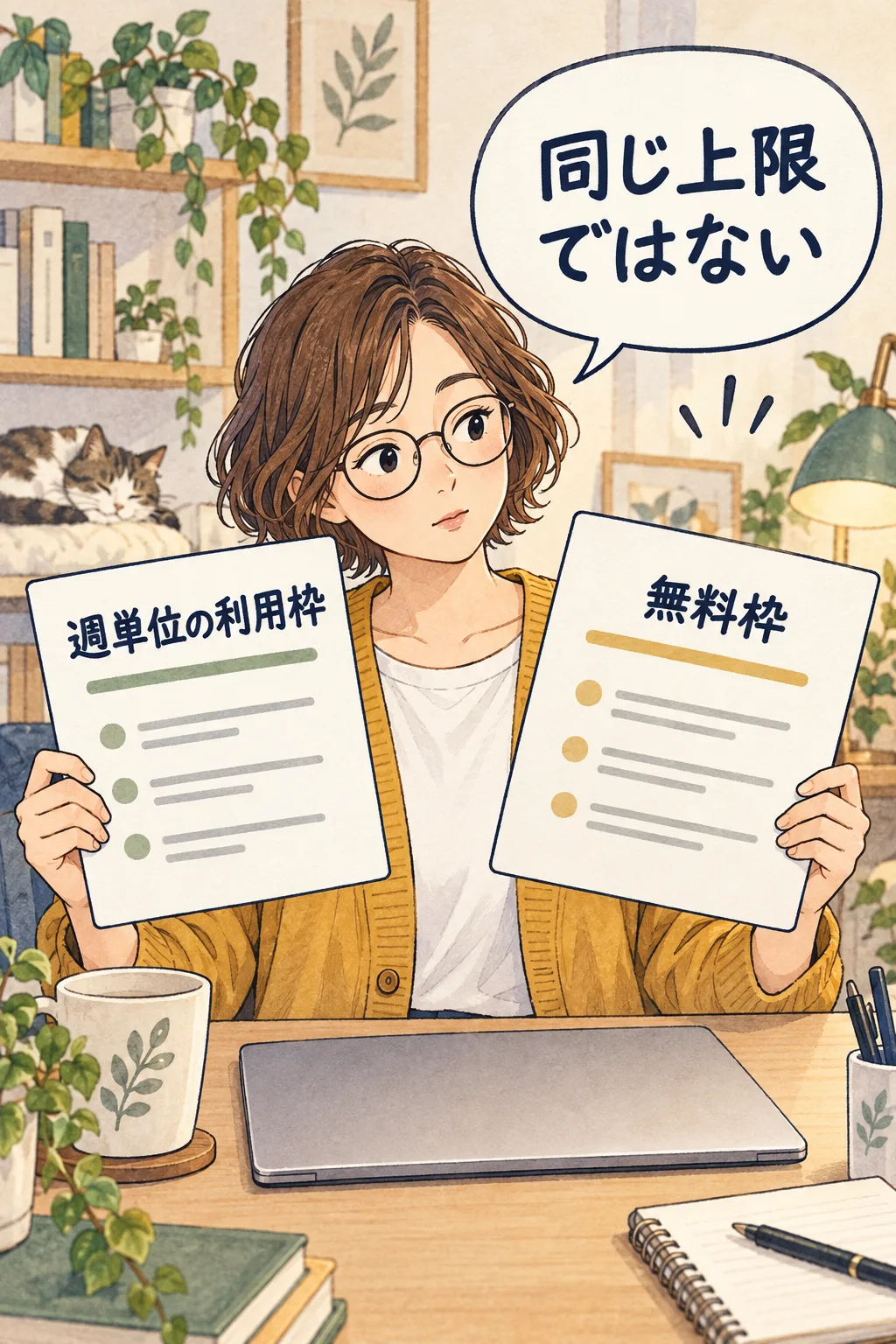 無料枠と有料の週単位の枠を別のメモにし、表示を確認する架空の漫画
