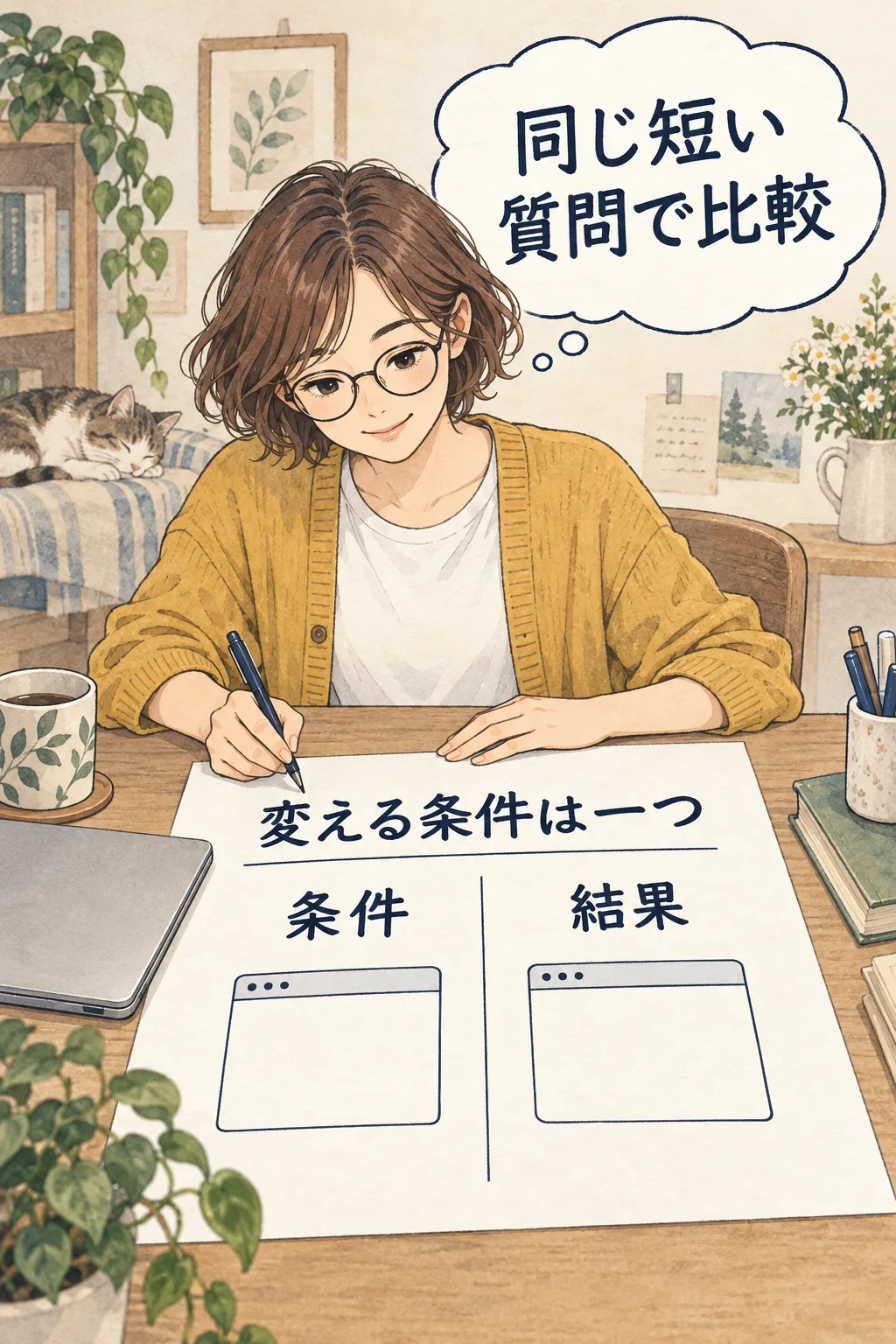 同じ短い質問を使い、変更した条件と結果を一つずつ残す架空の漫画
