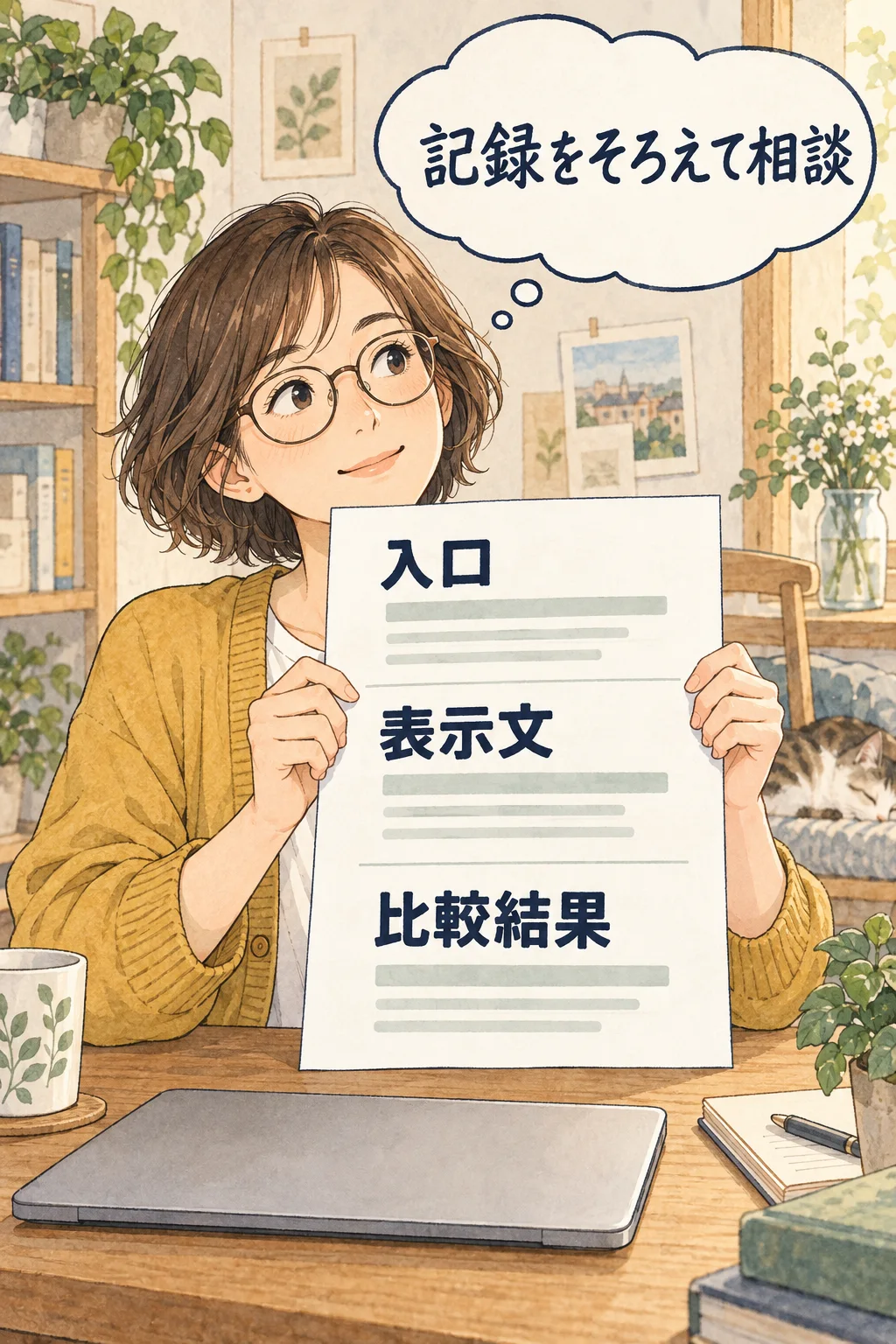 入口・表示文・比較結果を一つの問い合わせメモにまとめる架空の漫画