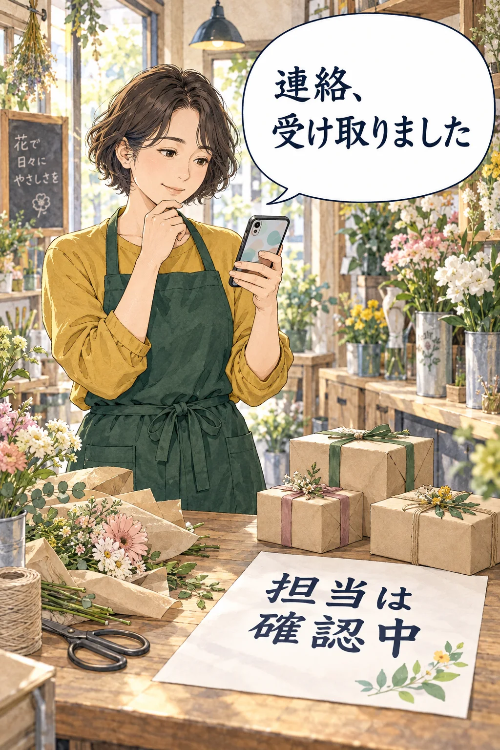 連絡が届いたことを先に返し、未確定の担当は確認すると伝える架空の花店