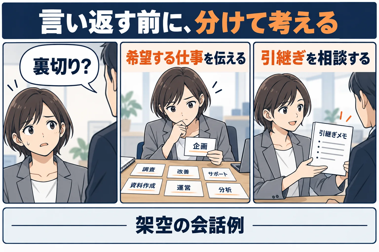 言葉と希望する仕事と引継ぎを分ける架空の漫画