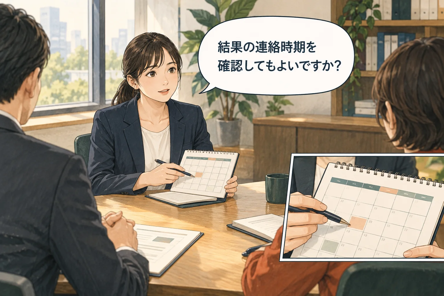 面接官の反応から合否を推測し続けず、正式な連絡の予定を確認します。 架空の人物によるAI生成の解説漫画。
