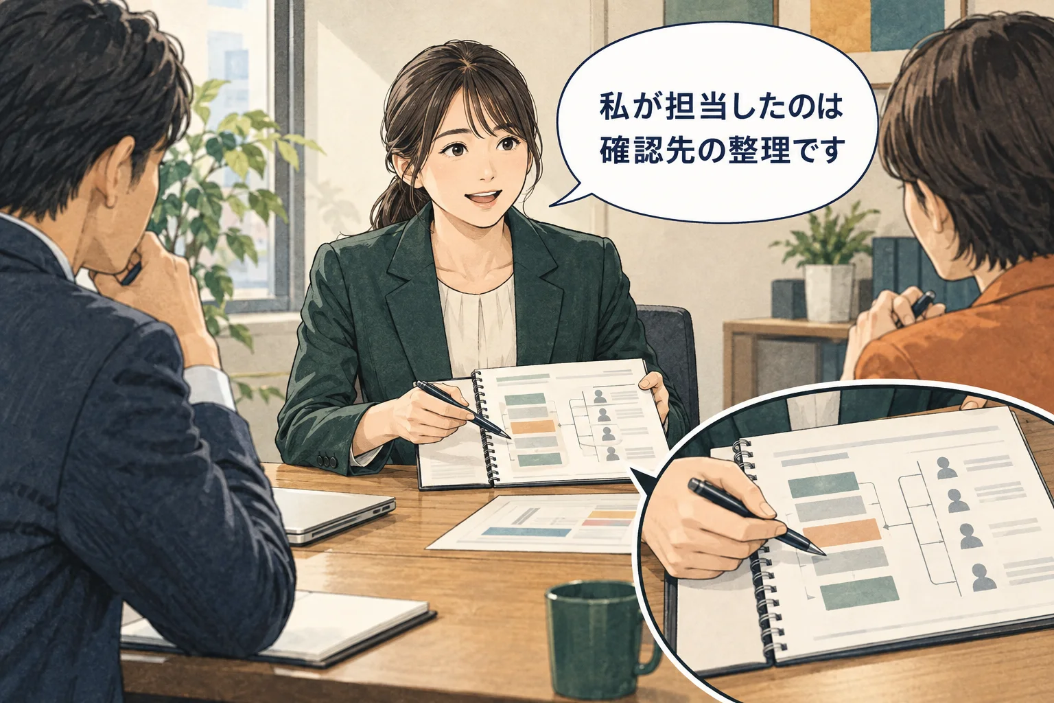 チーム全体の成果と、自分が担った行動を区別して説明します。 架空の人物によるAI生成の解説漫画。