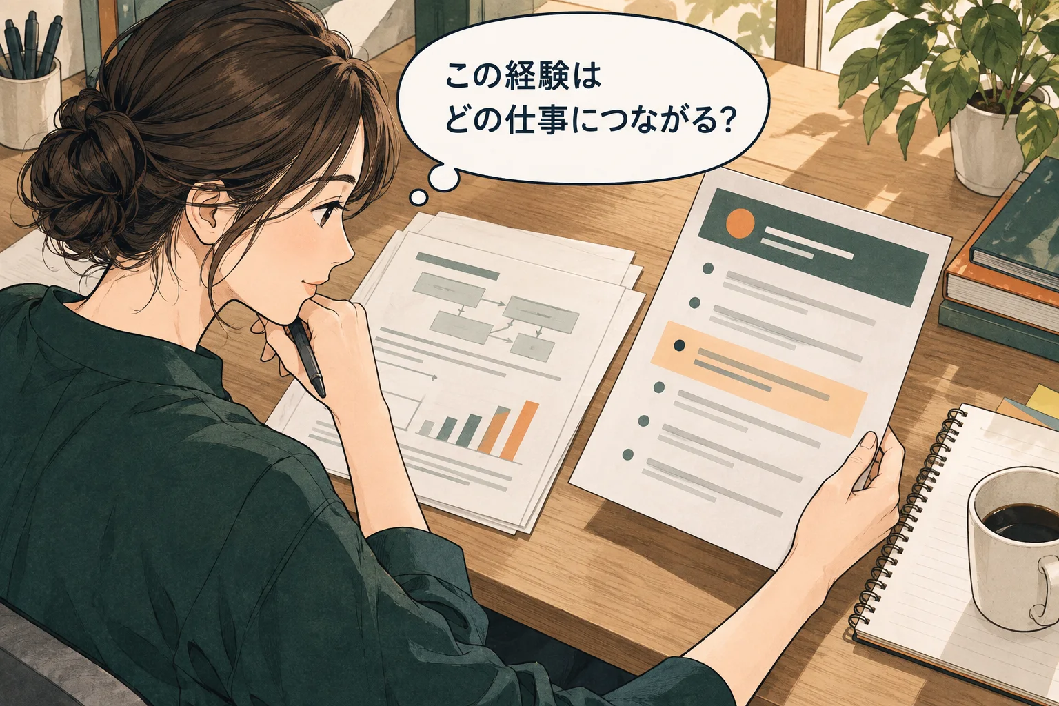 募集先の役割に対応する、実際の担当経験を準備します。 架空の人物によるAI生成の解説漫画。