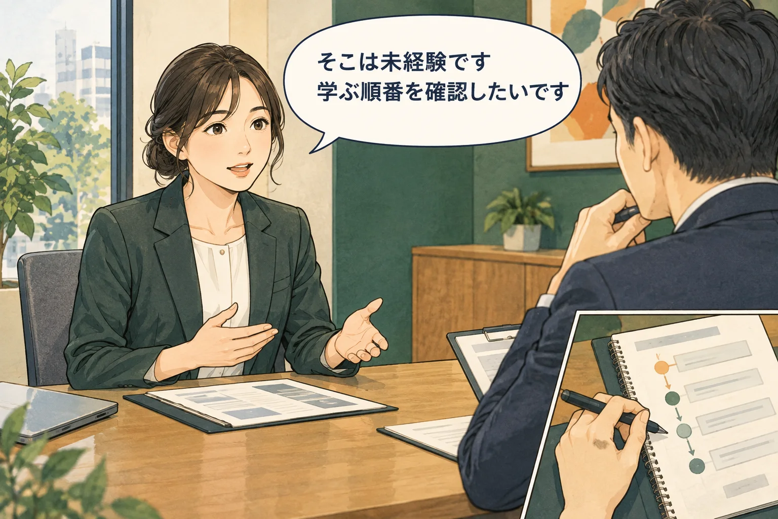 未経験を隠さず、経験との接点と、学ぶために確認したいことを伝えます。 架空の人物によるAI生成の解説漫画。