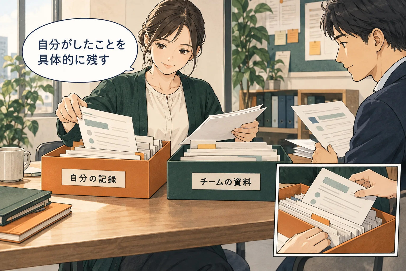 担当した行動、共同で行った範囲、確認できる結果を分けて書きます。 架空の人物によるAI生成の解説漫画。
