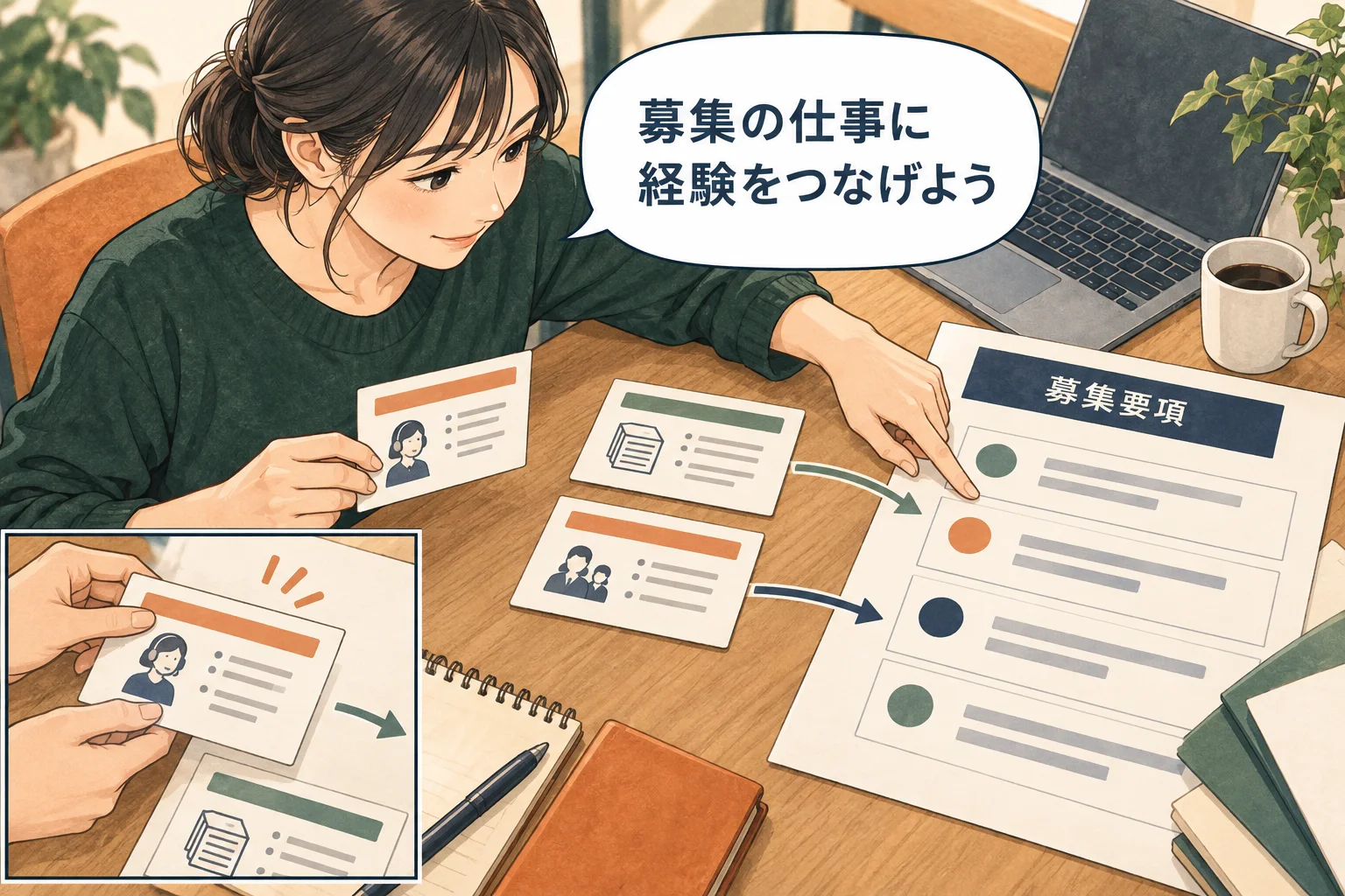 応募先が担う仕事を先に確認し、関係する経験を選びます。 架空の人物によるAI生成の解説漫画。