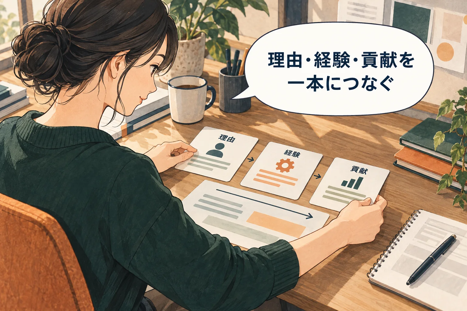 希望だけで終わらず、根拠と入った後に行いたい仕事へつなぎます。 架空の人物によるAI生成の解説漫画。