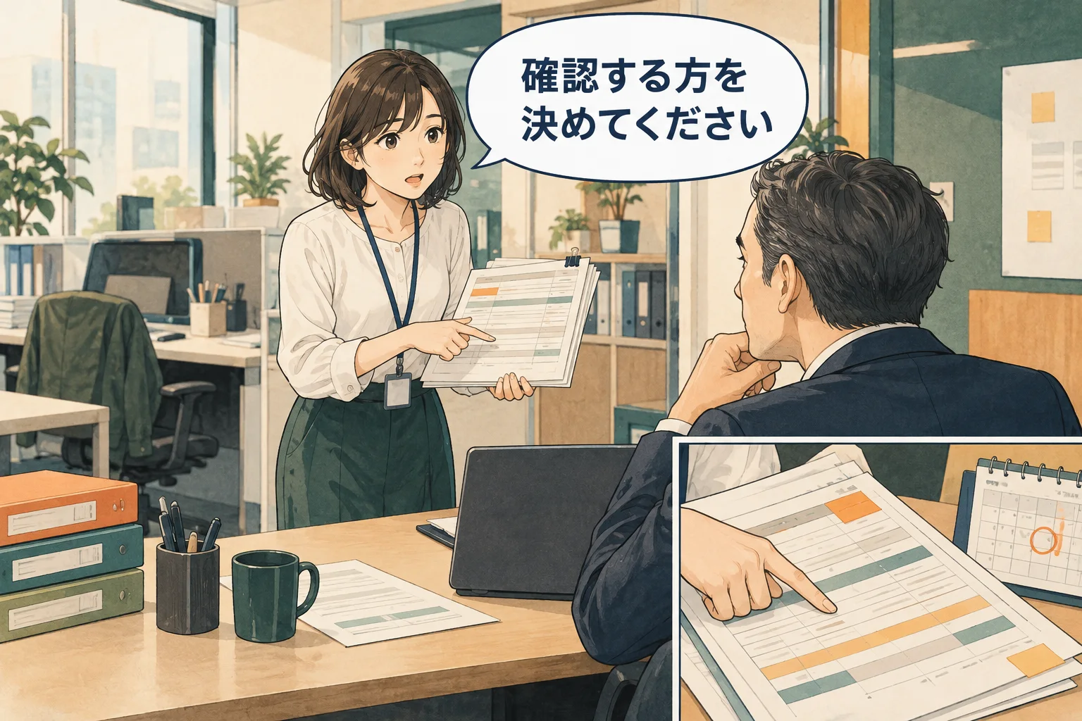 教える人が不在なら、上長へ担当や代替の確認先を決めてもらいます。 架空の人物によるAI生成の解説漫画。