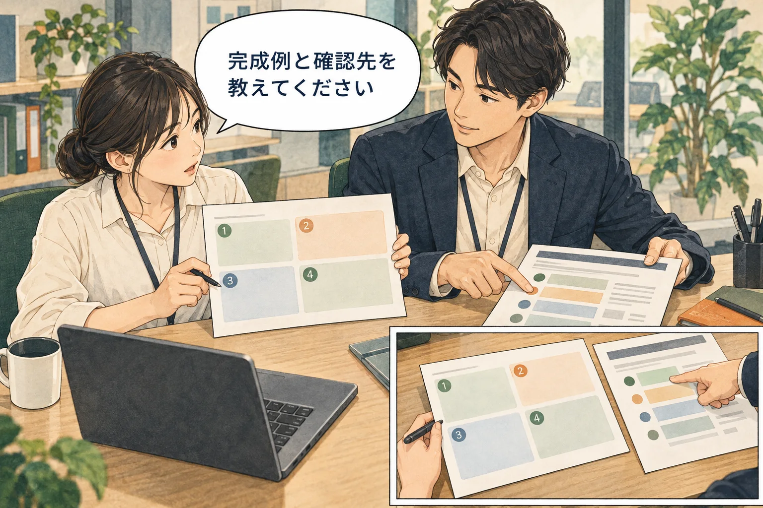 担当業務、完成例、期限、確認先をそろえると、質問の対象が明確になります。 架空の人物によるAI生成の解説漫画。