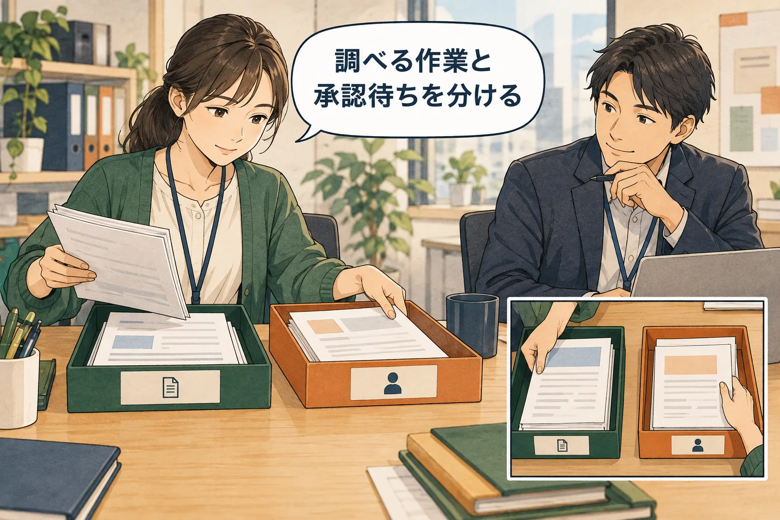 準備として進める作業と、判断や承認を待つ作業を分けます。 架空の人物によるAI生成の解説漫画。