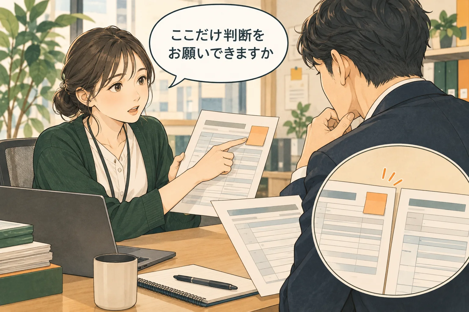 どこまで調べ、何が決められないかを示すと、相手も答える範囲を絞れます。 架空の人物によるAI生成の解説漫画。