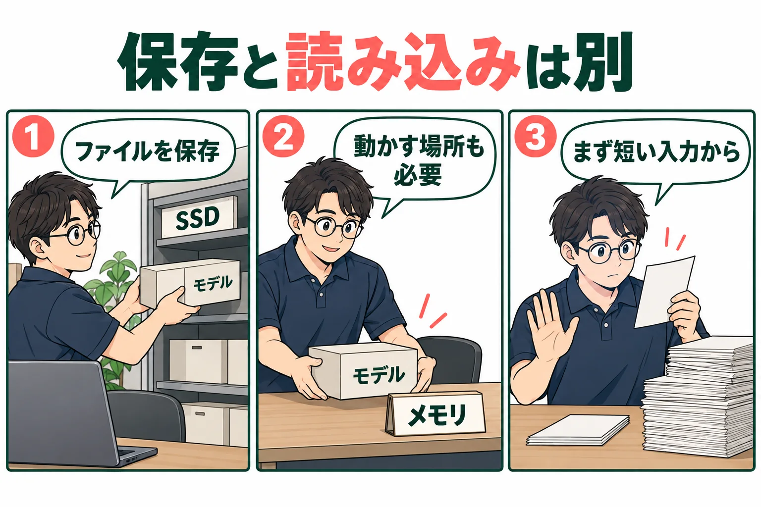 SSDへの保存と実行時のメモリを分け、最初は短い入力で確認する架空例
