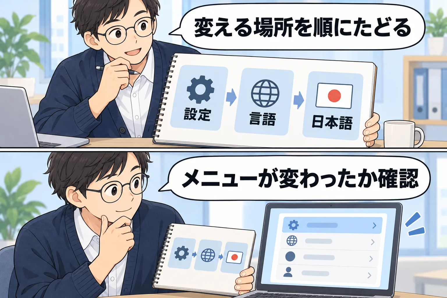 設定、言語、日本語の順にたどり、変更後のメニューを確かめる架空例