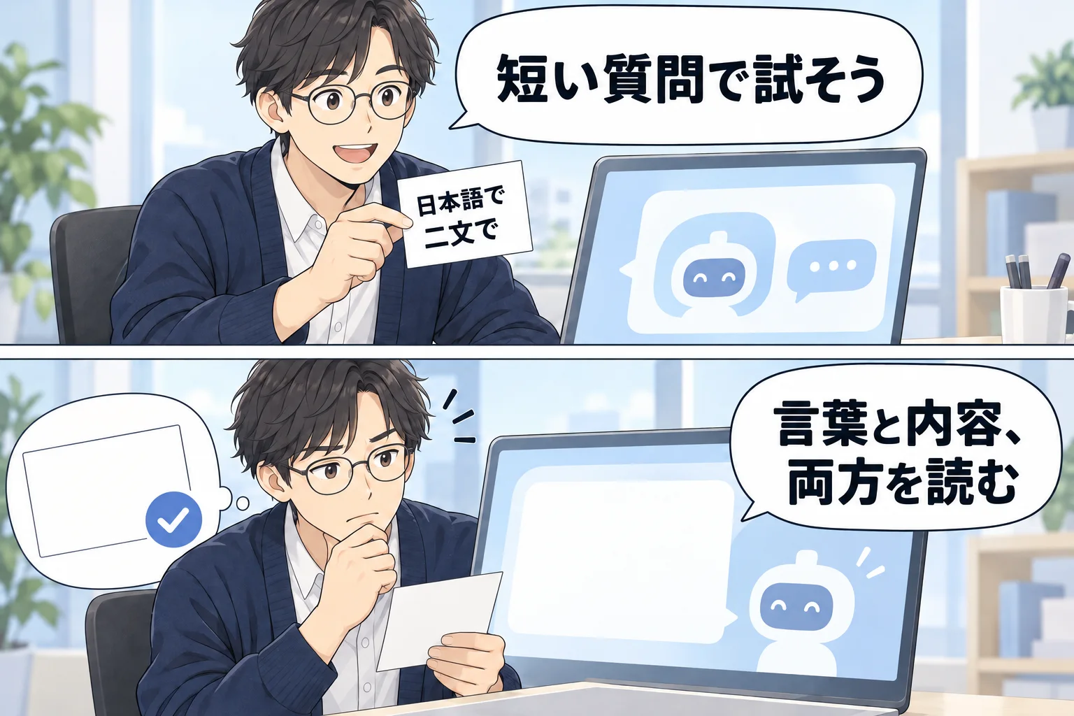 短い日本語の依頼を使い、返事の言語と内容を読み比べる架空例