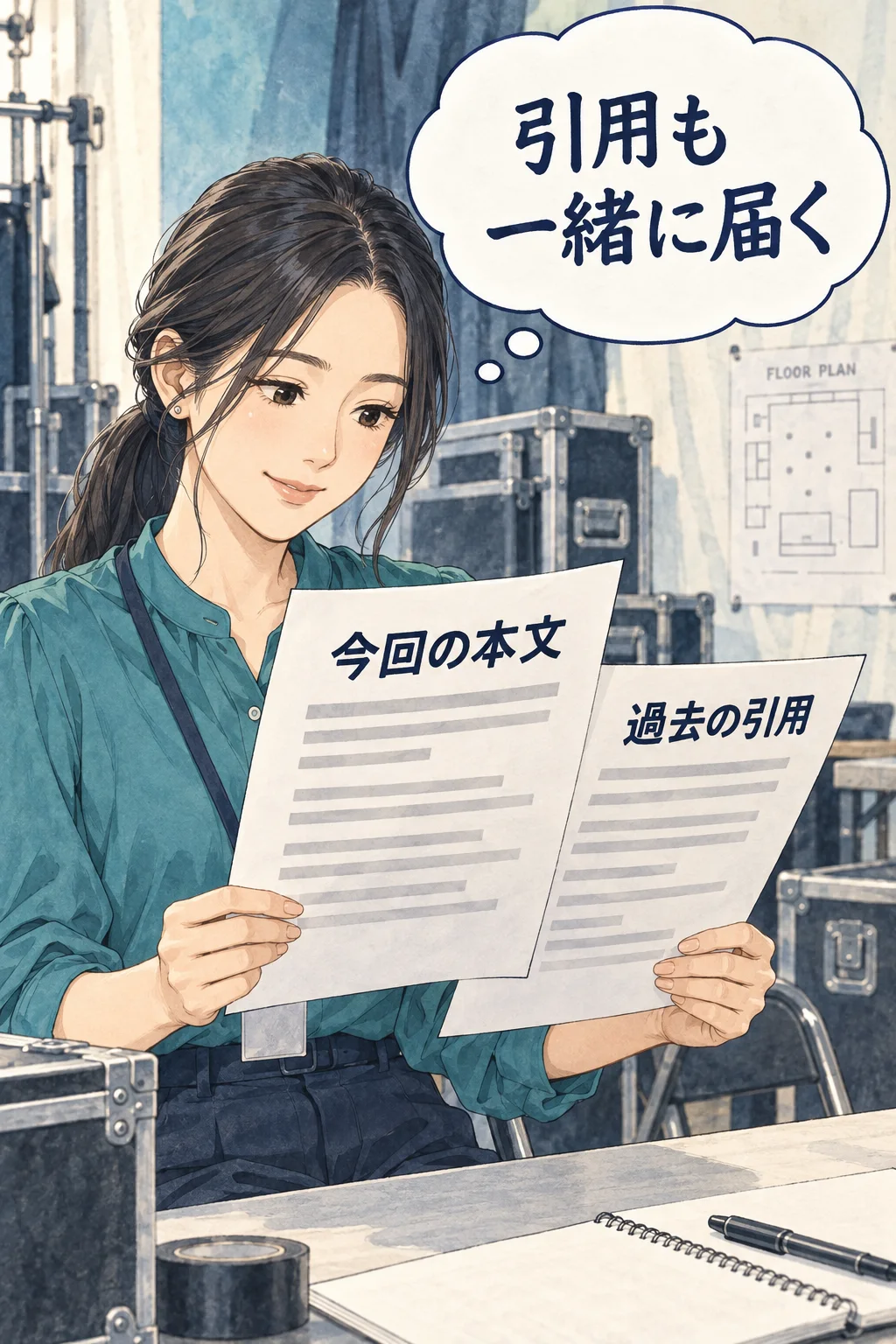 新しいメールの本文と、下に残った過去の引用を別々に確認する架空例