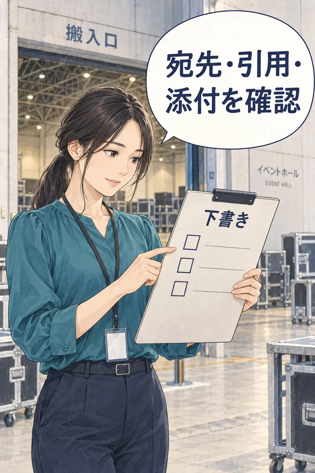 宛先・引用・添付を確認し、下書きのままで共有範囲を見直す架空例