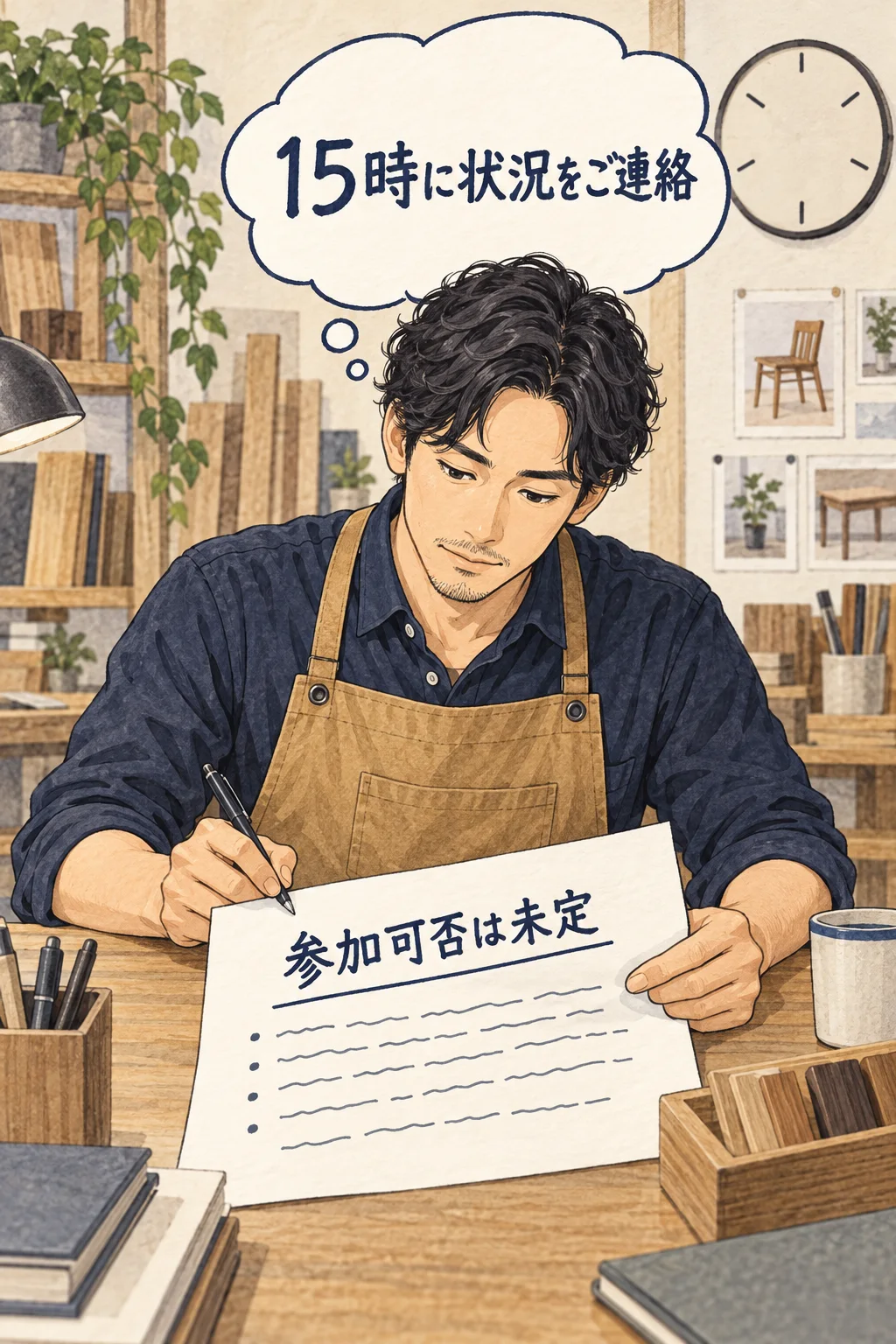 確認状況を知らせる15時と、参加可否が確定する時刻を分ける架空例