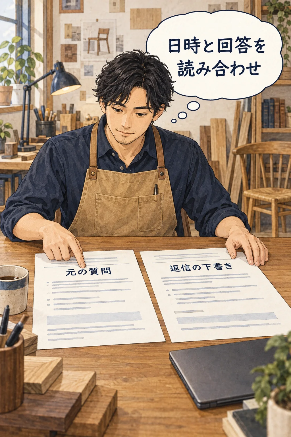 元の質問と下書きを読み合わせ、日付・宛先・資料を確認する架空例