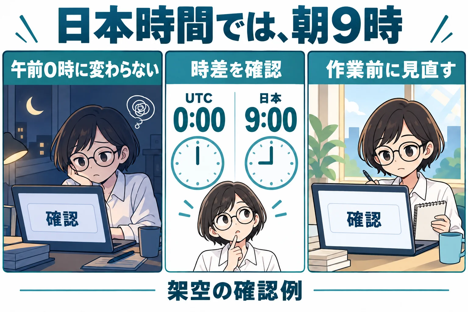 日本時間の午前9時とUTC午前0時を照合する架空の漫画