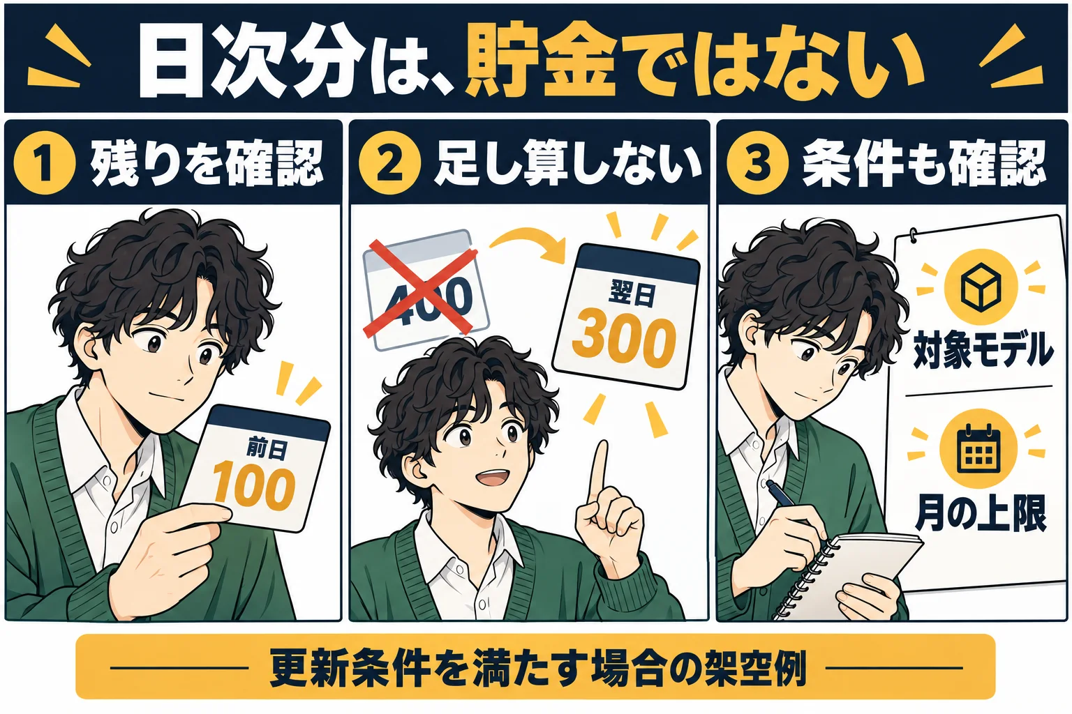 日次分の100から300への更新と対象条件を分ける架空の漫画