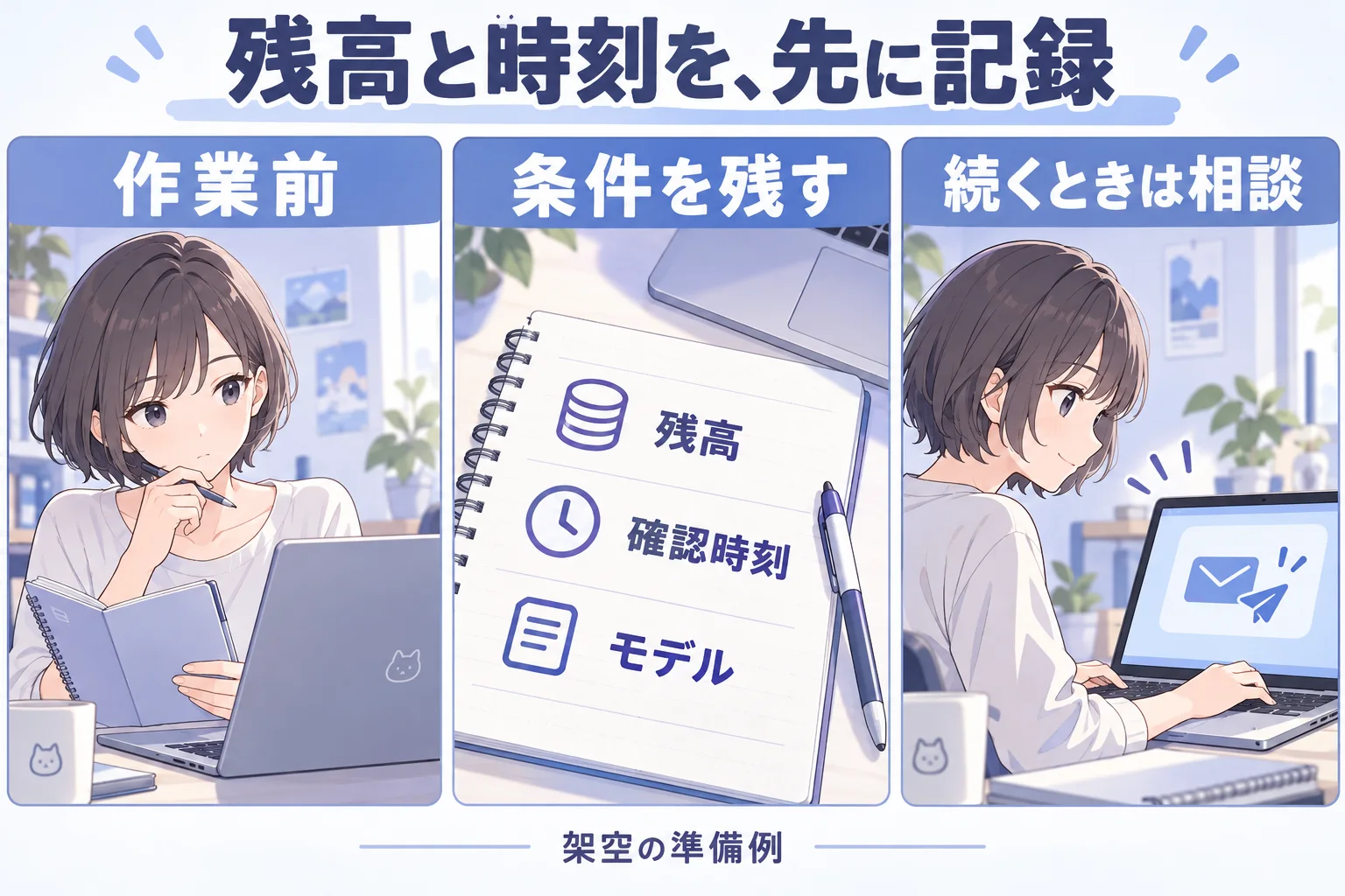作業前の残高と時刻、モデルを記録して相談を準備する架空の漫画