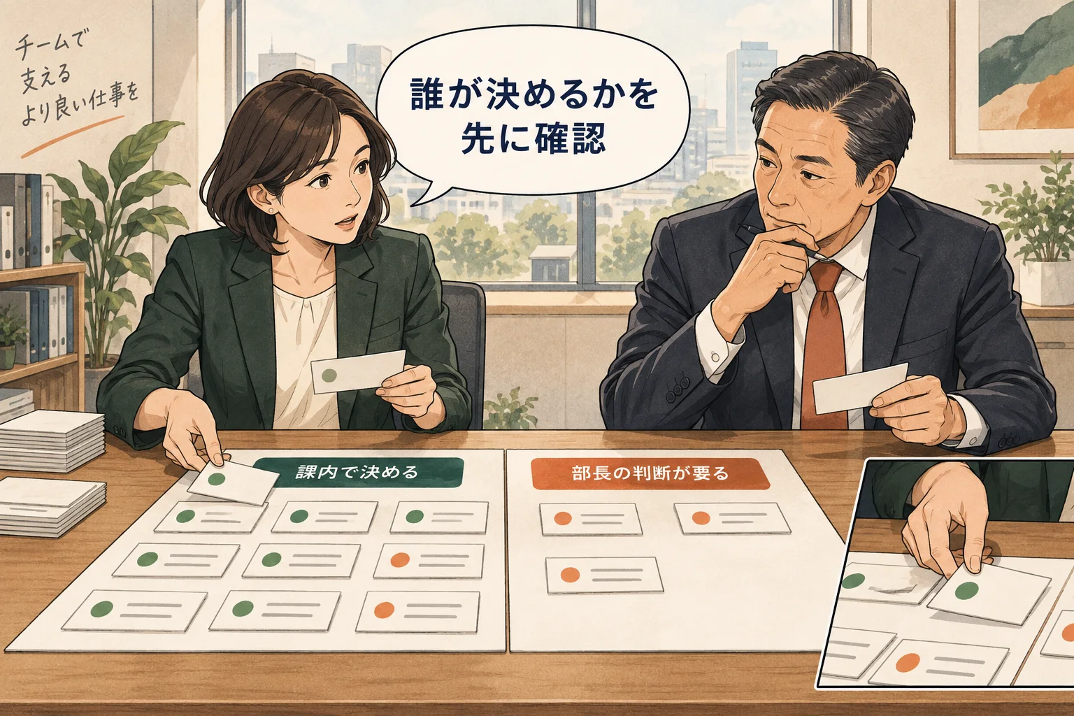 自分の裁量で変えられることと、上へ判断を求めることを区別します。 架空の人物によるAI生成の解説漫画。