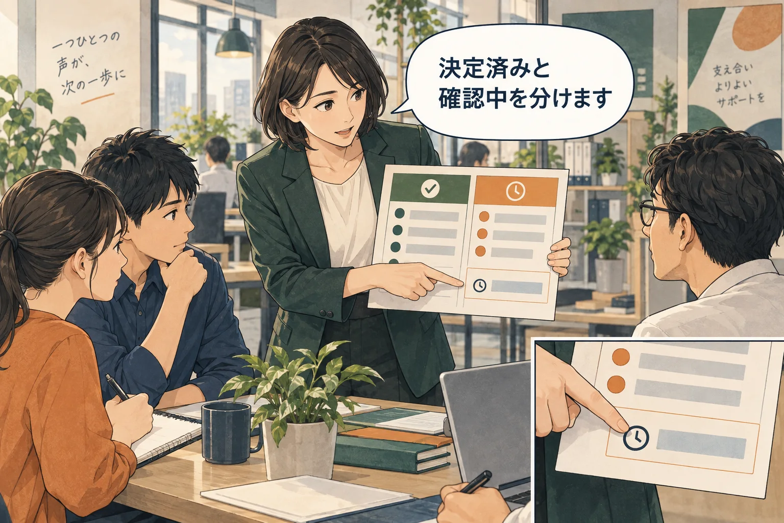 未決事項を決定済みのように伝えず、次に共有する時点を明示します。 架空の人物によるAI生成の解説漫画。
