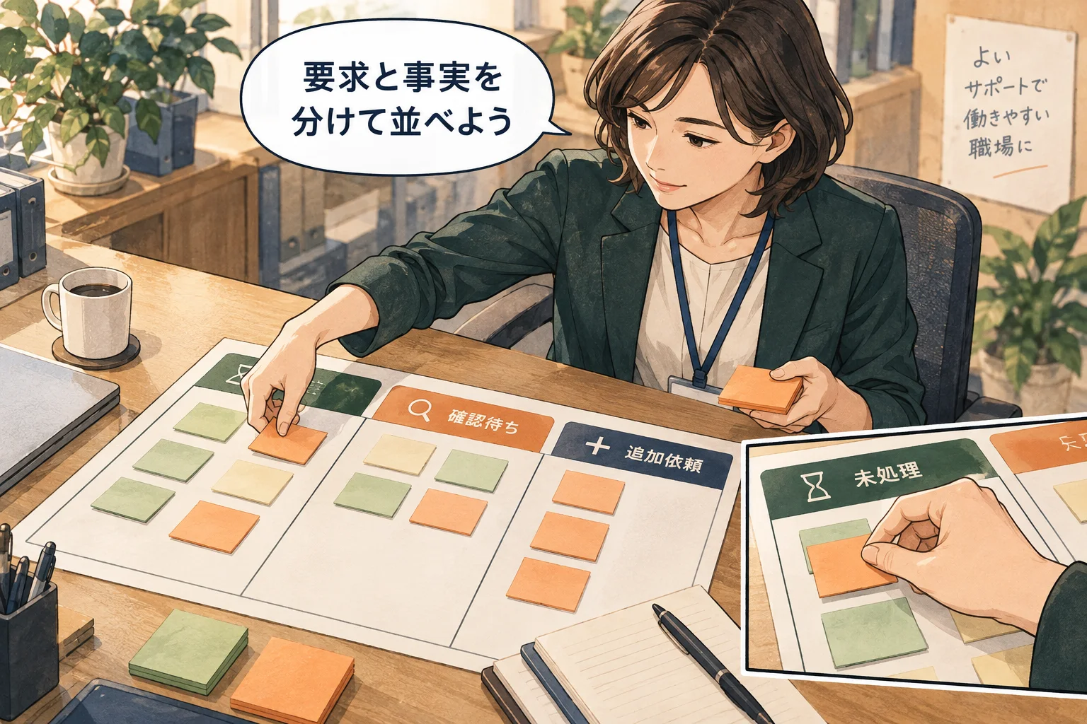 感想を切り捨てず、どの仕事がどう止まるかを一緒に整理します。 架空の人物によるAI生成の解説漫画。