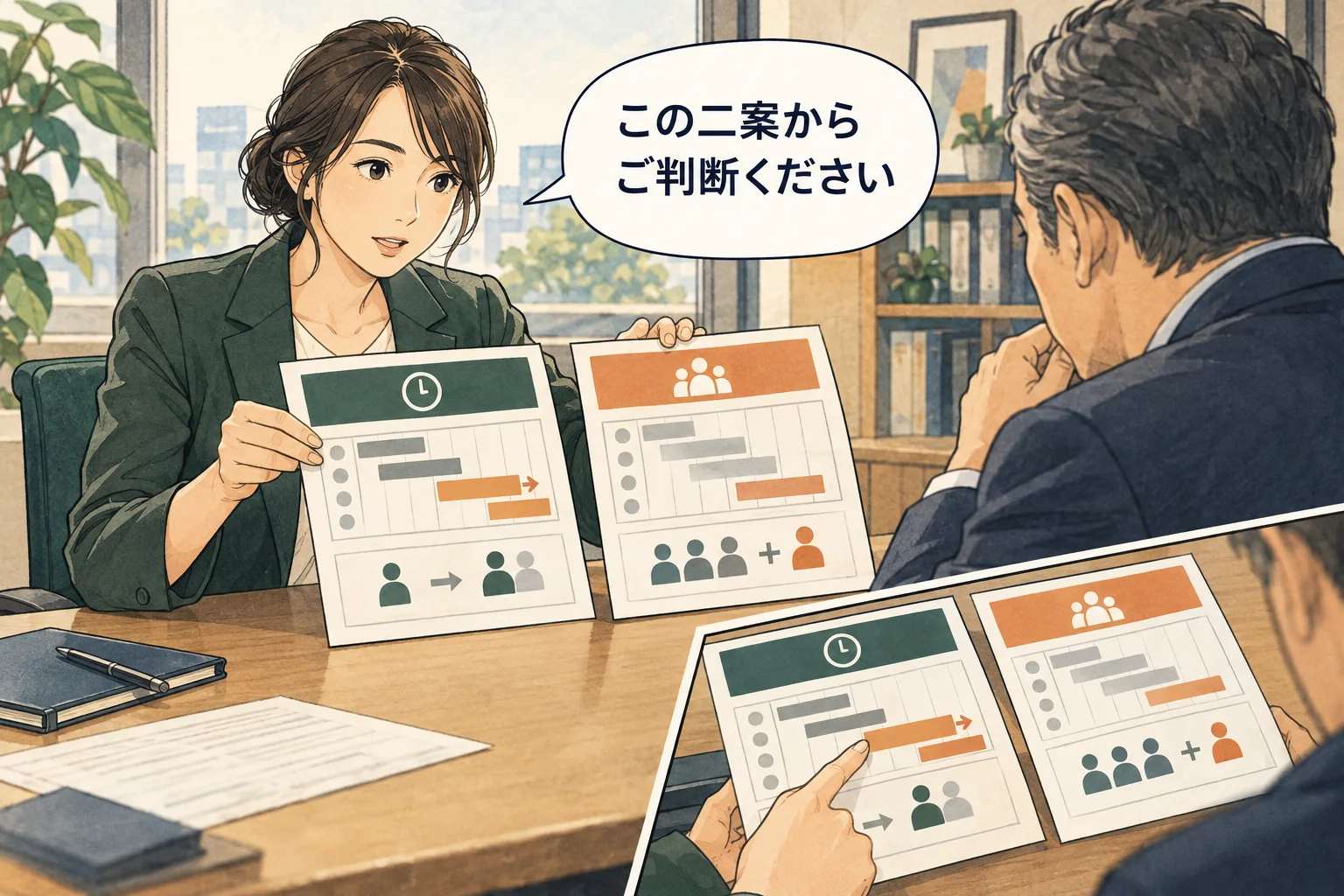 両立しない条件を示し、範囲・期限・担当の調整を頼みます。 架空の人物によるAI生成の解説漫画。
