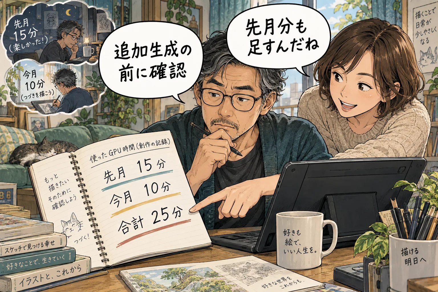 先月15分と今月10分を足し、累計25分と確認する架空の制作者