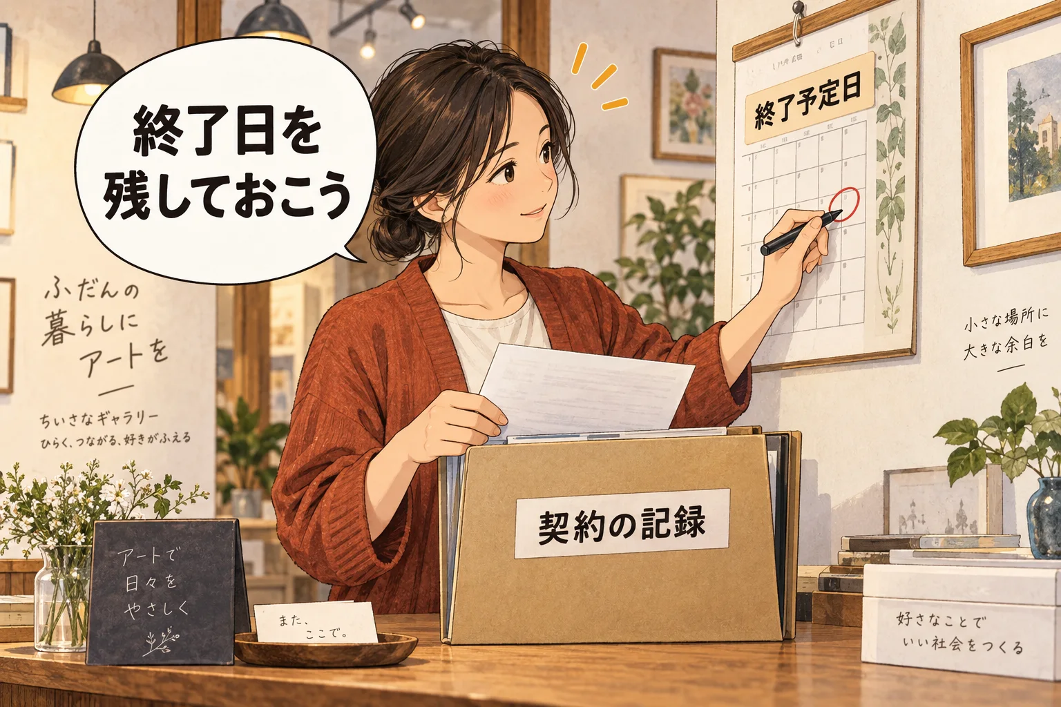 契約管理の終了予定日をカレンダーと契約の記録に残す架空の担当者
