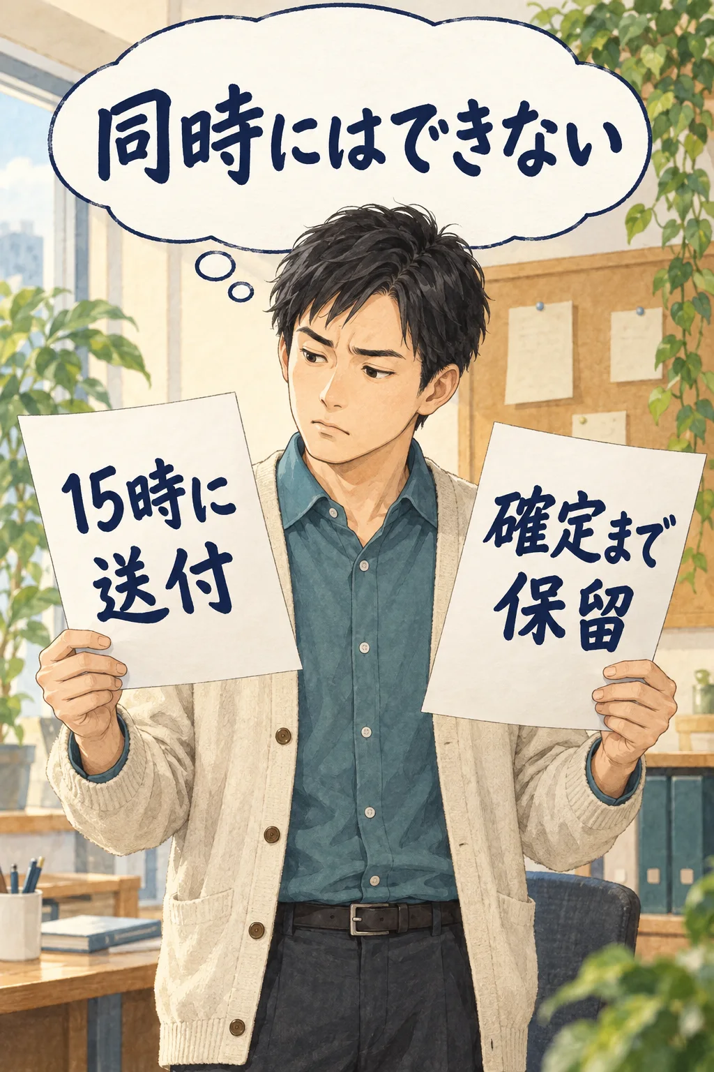 今日15時の送付と、会場が確定するまでの保留という二つの指示を持って考える架空の担当者