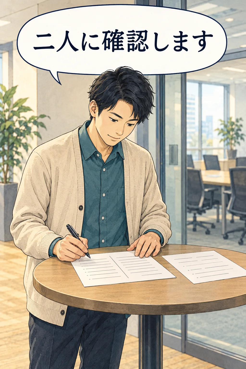 同じ指示の比較表を持ち、二人への確認を準備する架空の担当者
