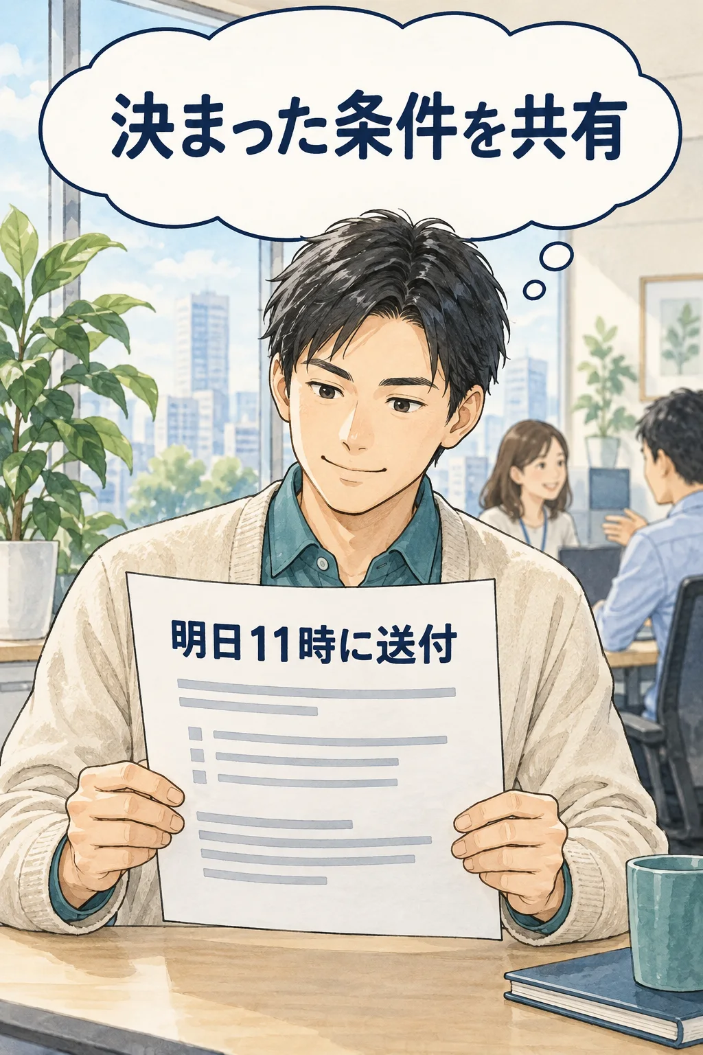 決定された送付条件を紙の記録で確かめ、関係者へ共有する架空の担当者