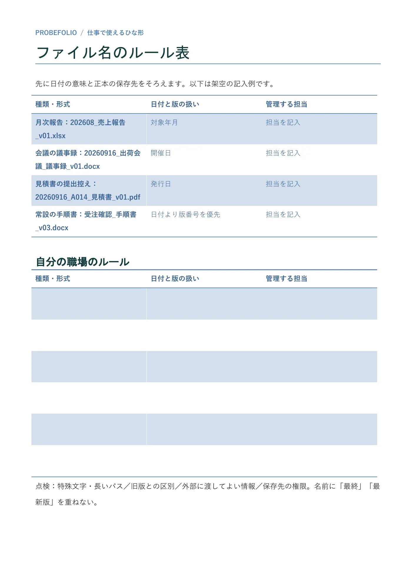 PROBEFOLIOが配布する編集用Word資料の記入例。架空の業務を記入したページ。