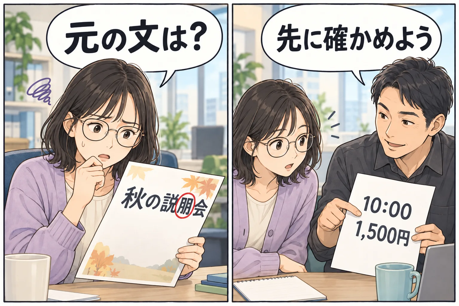 元の文章と図解を別々に見て、どこから文字が変わったか確かめる架空の二人