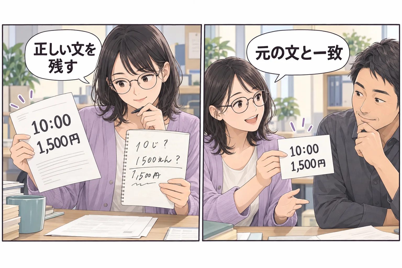 元の資料で確認した時刻と金額を、正しい短い文章として残して照合する架空例