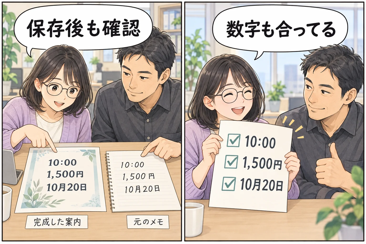 元の資料と保存した案内を並べ、10:00、1,500円、10月20日を照合する架空の二人