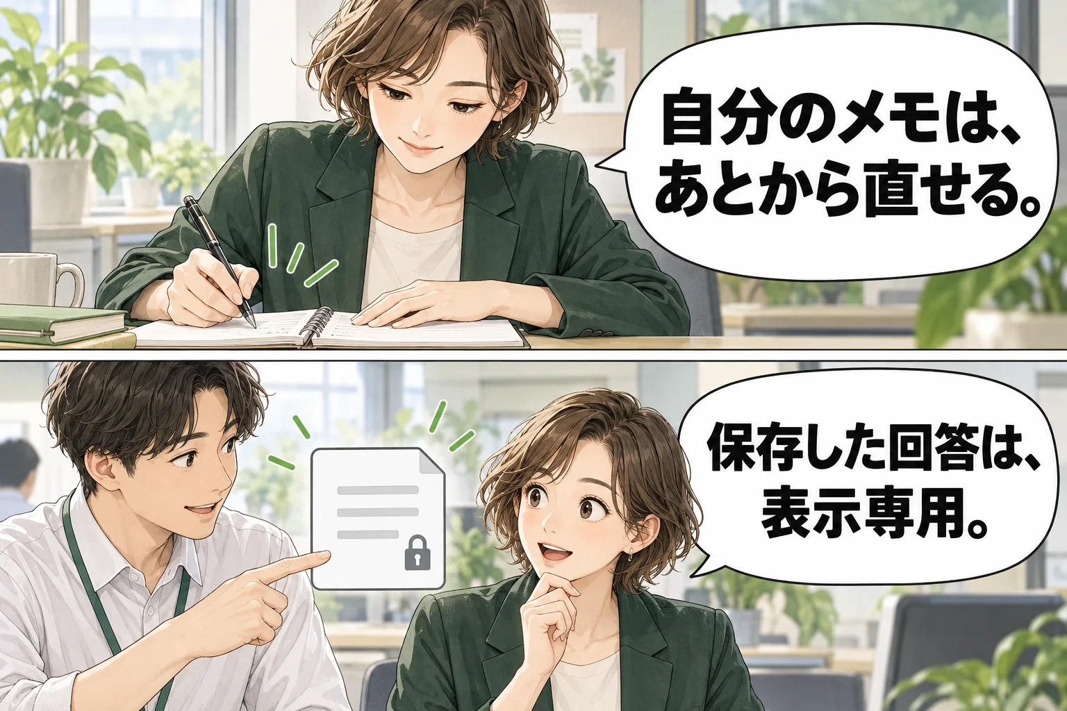 自分で書くメモと保存した回答の編集可否を分ける架空の場面