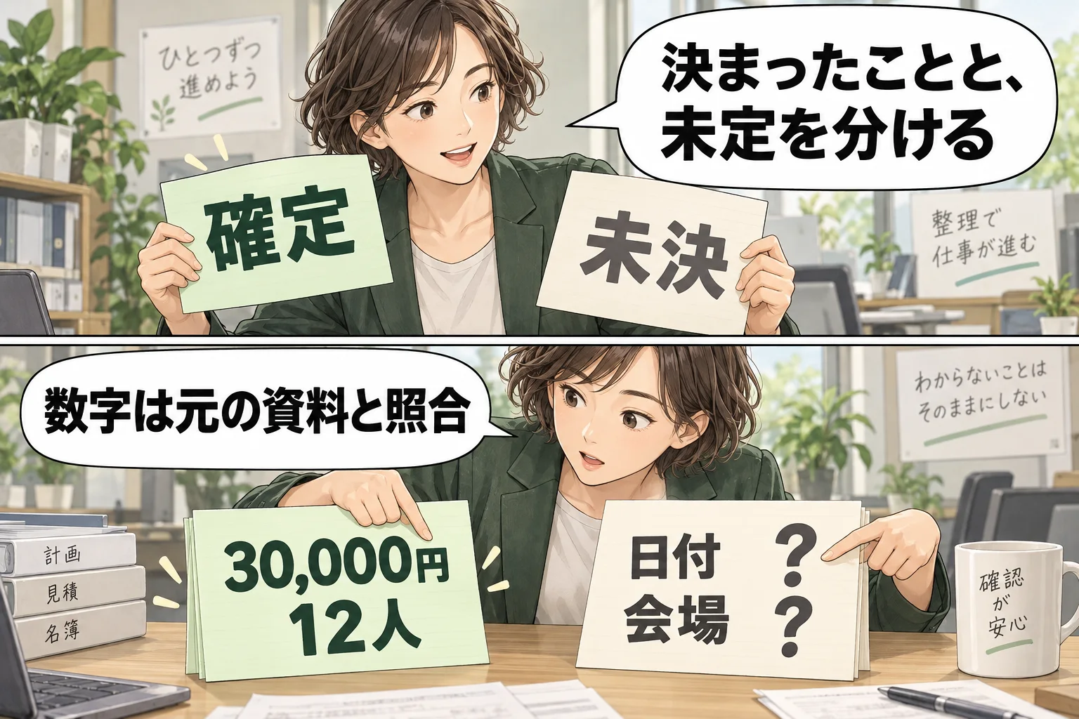 予算3万円と12人を確定事項、日付と会場を未決事項に分ける架空例