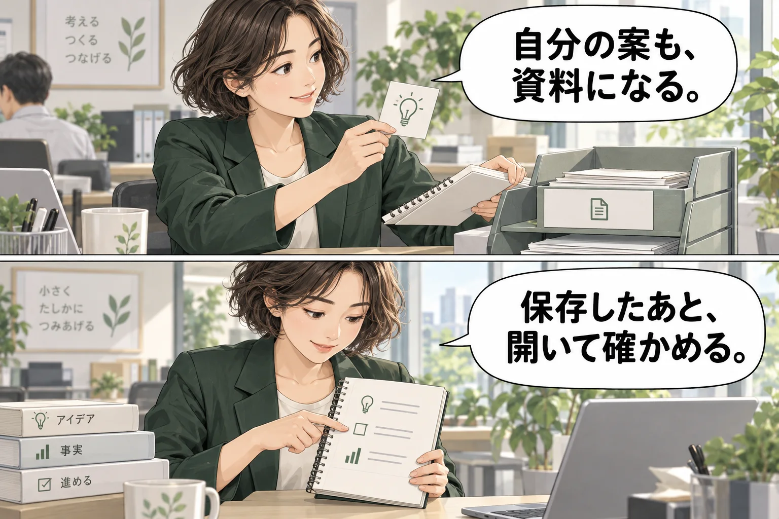 自分の案を資料に使う前に区別し、保存後に開き直して確かめる架空の場面