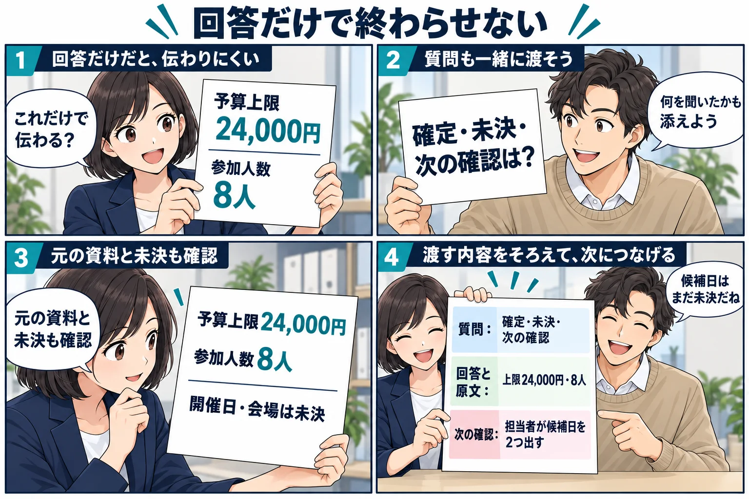 回答だけでなく、質問・原文・未決・次の確認を添える架空の漫画