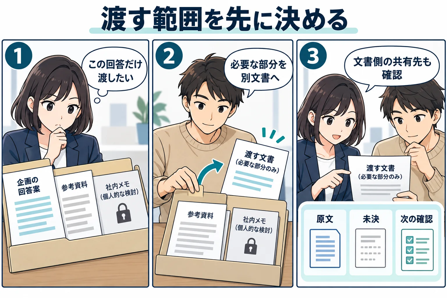 ノートブック全体でなく、必要な別文書を選び共有先を確かめる架空の漫画