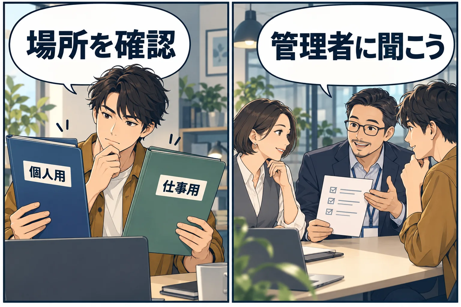 個人用と仕事用の場所を分け、管理者へ確認する架空の漫画